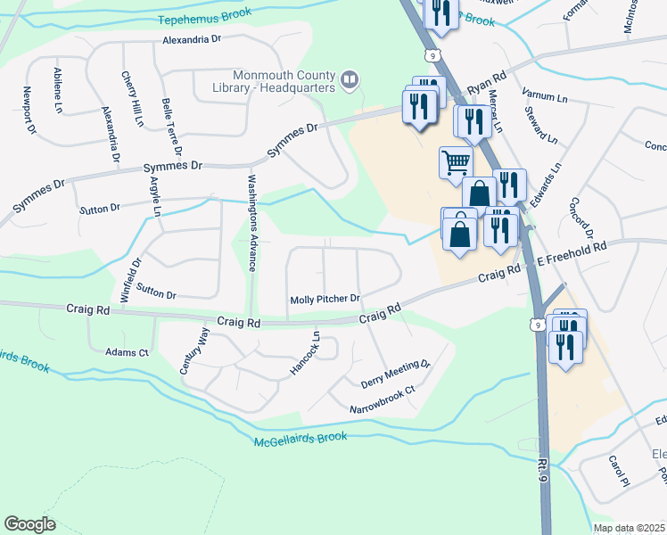 map of restaurants, bars, coffee shops, grocery stores, and more near 3 Lightfoot Court in Manalapan Township