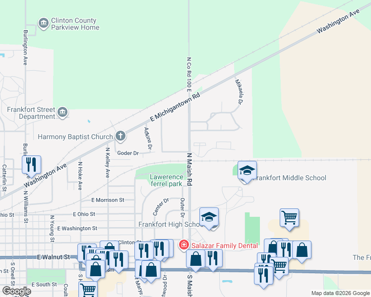 map of restaurants, bars, coffee shops, grocery stores, and more near 2056 Mapleleaf Drive in Frankfort