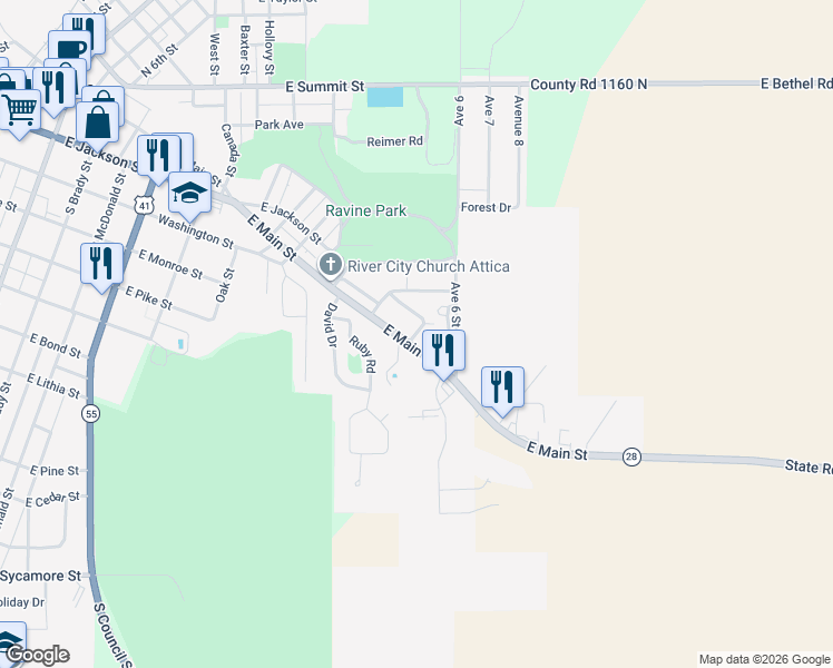 map of restaurants, bars, coffee shops, grocery stores, and more near Avenue 5 in Attica