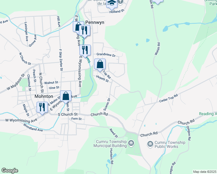 map of restaurants, bars, coffee shops, grocery stores, and more near 823 Scenic Drive in Mohnton