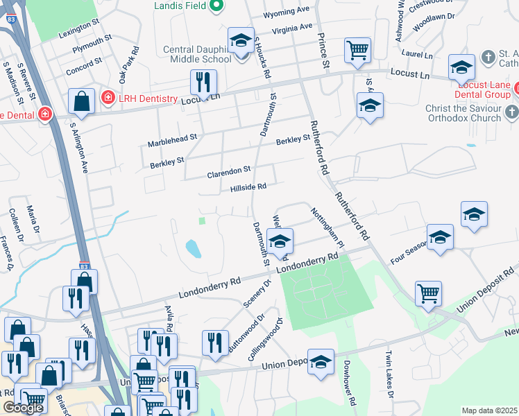 map of restaurants, bars, coffee shops, grocery stores, and more near 571 Dartmouth Street in Harrisburg