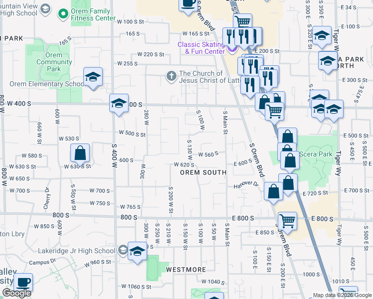map of restaurants, bars, coffee shops, grocery stores, and more near 546 South 130 West in Orem