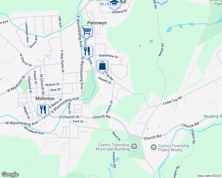 map of restaurants, bars, coffee shops, grocery stores, and more near 823 Scenic Dr in Mohnton