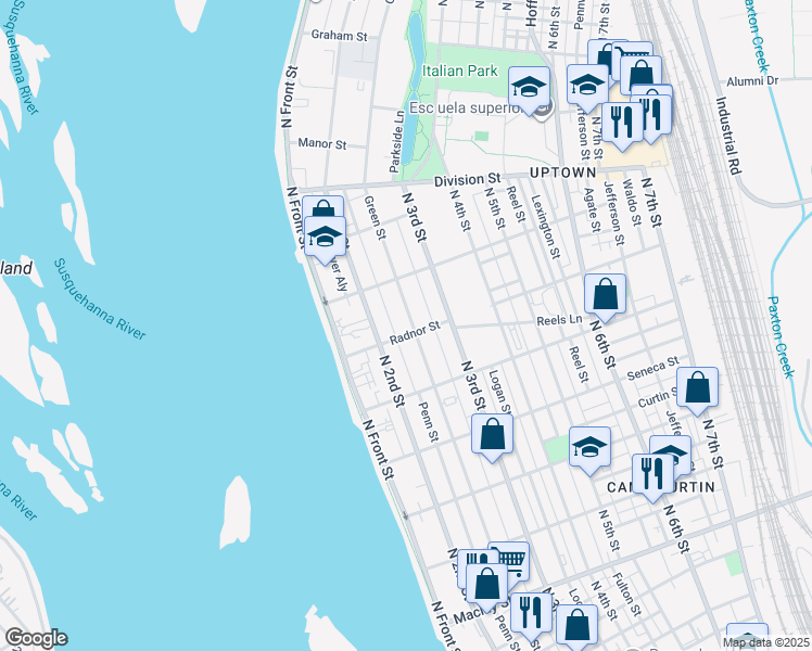 map of restaurants, bars, coffee shops, grocery stores, and more near 2604 Green Street in Harrisburg