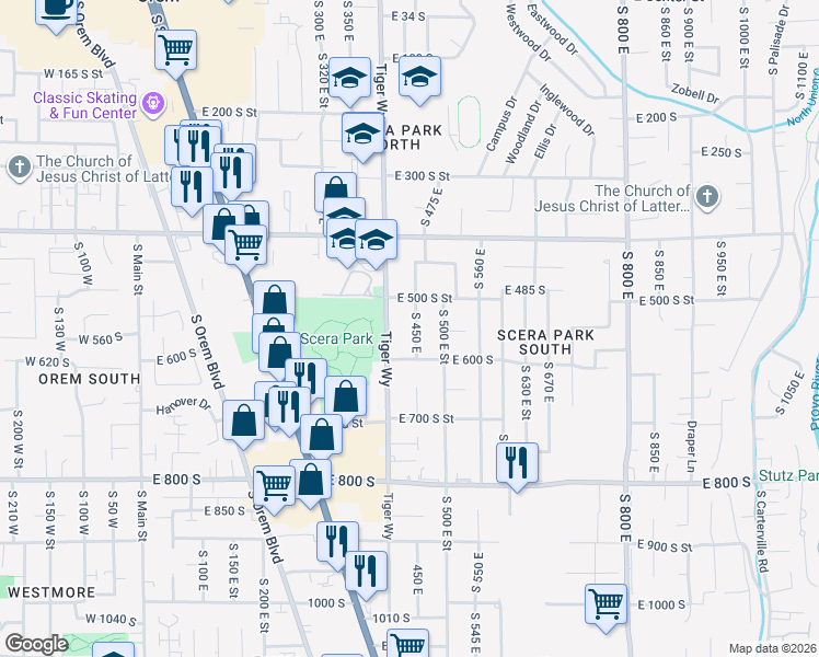 map of restaurants, bars, coffee shops, grocery stores, and more near 556 South 450 East in Orem