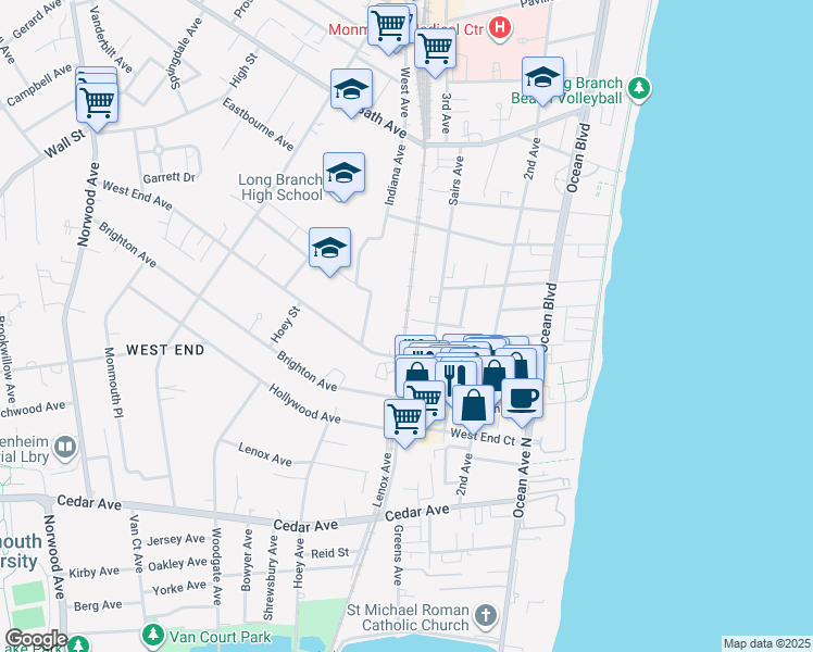 map of restaurants, bars, coffee shops, grocery stores, and more near 156 West End Avenue in Long Branch