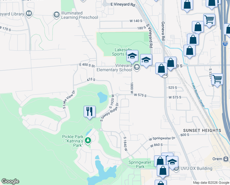 map of restaurants, bars, coffee shops, grocery stores, and more near 565 South 1920 West in Orem