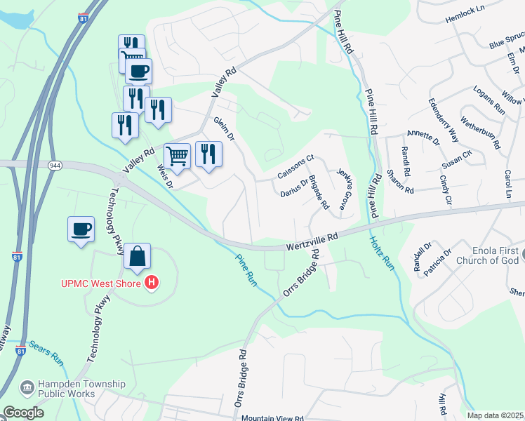 map of restaurants, bars, coffee shops, grocery stores, and more near 2215 Gleim Court in Enola