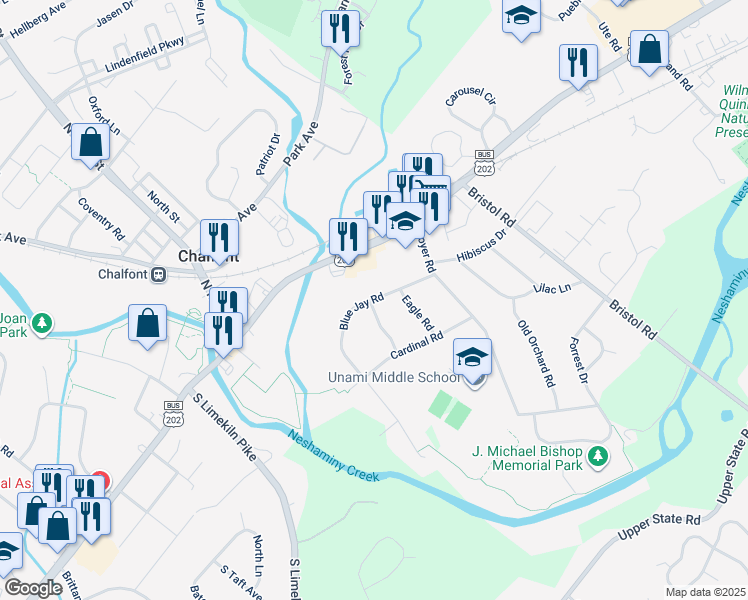 map of restaurants, bars, coffee shops, grocery stores, and more near 2 Falcon Drive in Bucks County
