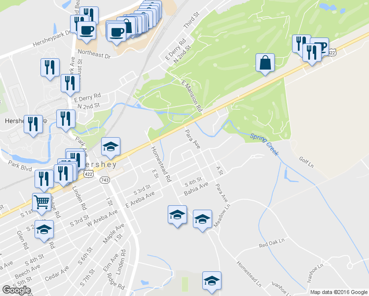 map of restaurants, bars, coffee shops, grocery stores, and more near 264 East Caracas Avenue in Hershey