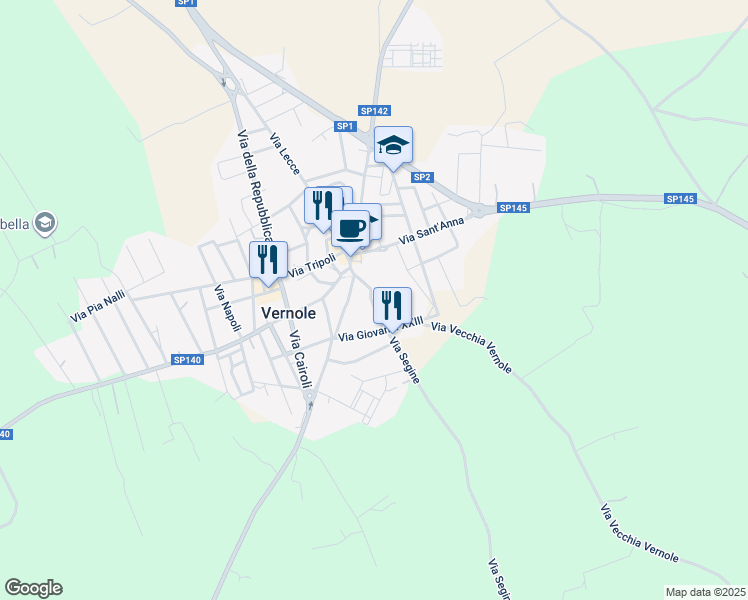 map of restaurants, bars, coffee shops, grocery stores, and more near 69 Via Roma in Vernole