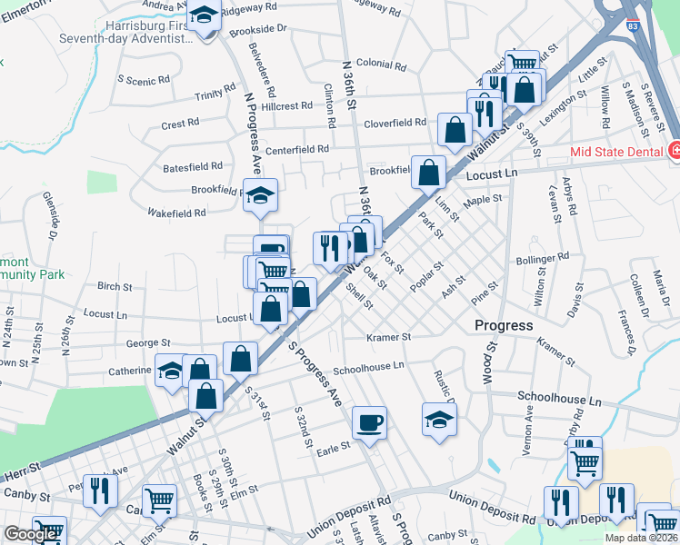 map of restaurants, bars, coffee shops, grocery stores, and more near 2 Shell Street in Harrisburg
