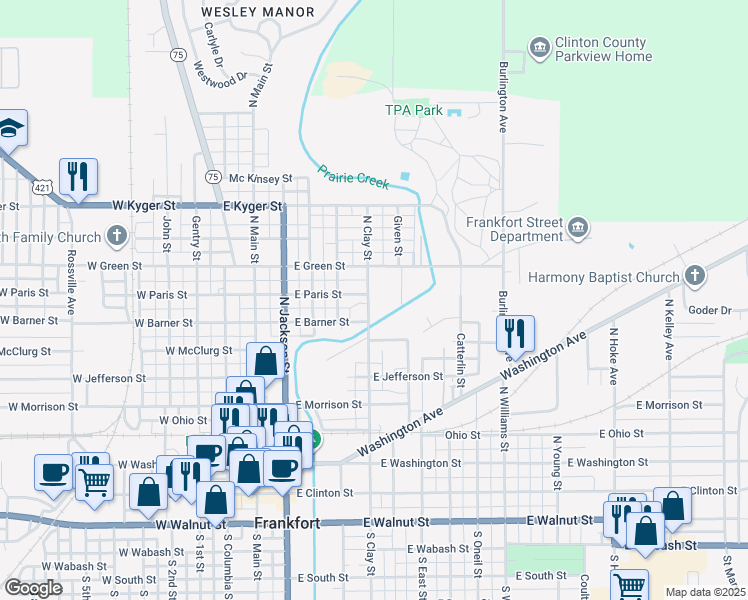 map of restaurants, bars, coffee shops, grocery stores, and more near 759 North Clay Street in Frankfort