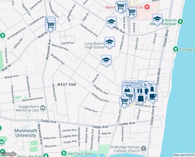 map of restaurants, bars, coffee shops, grocery stores, and more near 519 Hoey Street in Long Branch