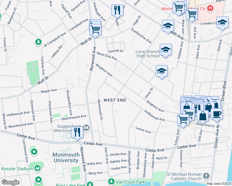 map of restaurants, bars, coffee shops, grocery stores, and more near 388 Brookdale Avenue in Long Branch