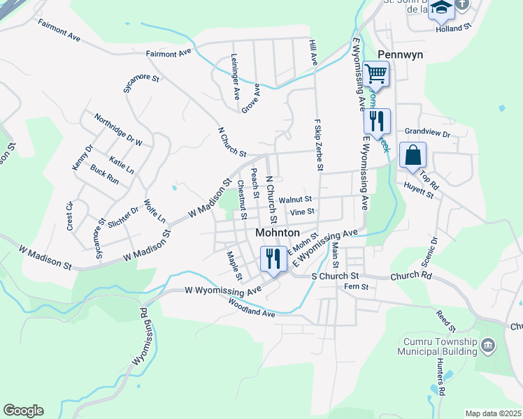 map of restaurants, bars, coffee shops, grocery stores, and more near 27 Peach St in Mohnton