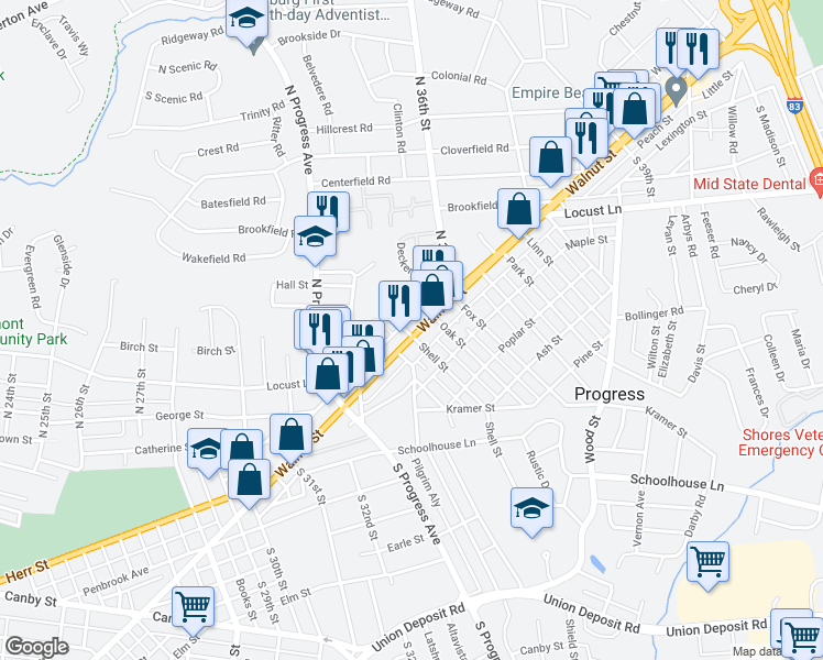 map of restaurants, bars, coffee shops, grocery stores, and more near 3508 Walnut Street in Harrisburg