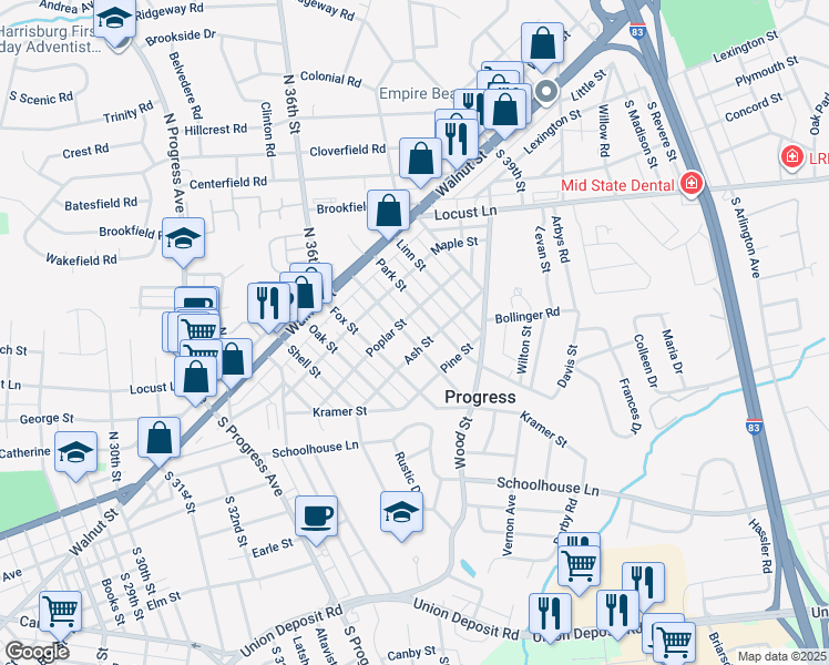map of restaurants, bars, coffee shops, grocery stores, and more near 212 Fishburn Street in Harrisburg