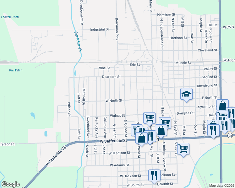 map of restaurants, bars, coffee shops, grocery stores, and more near 421 Green Street in Tipton