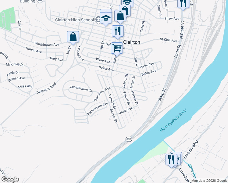 map of restaurants, bars, coffee shops, grocery stores, and more near 811 Miller Avenue in Clairton