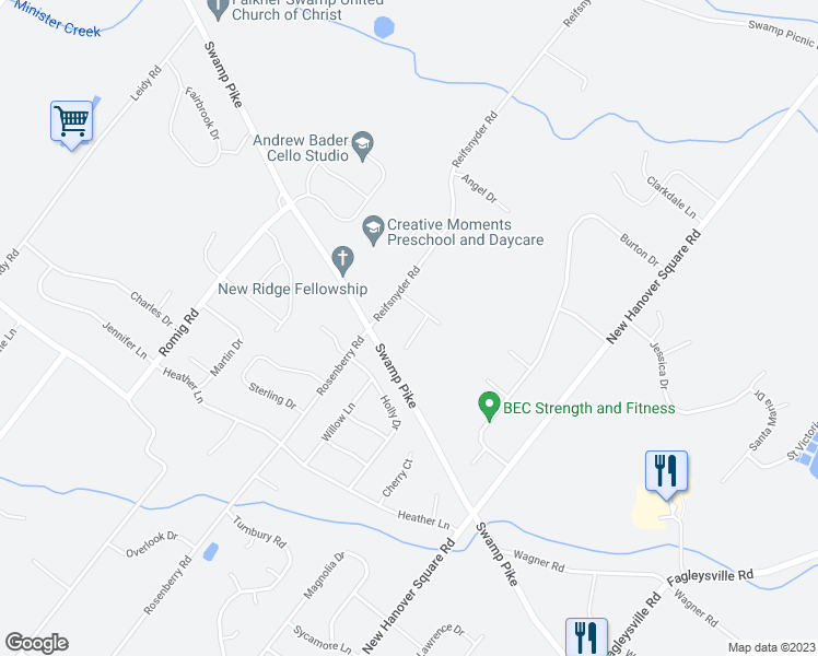 map of restaurants, bars, coffee shops, grocery stores, and more near 2911 Federal Drive in Gilbertsville