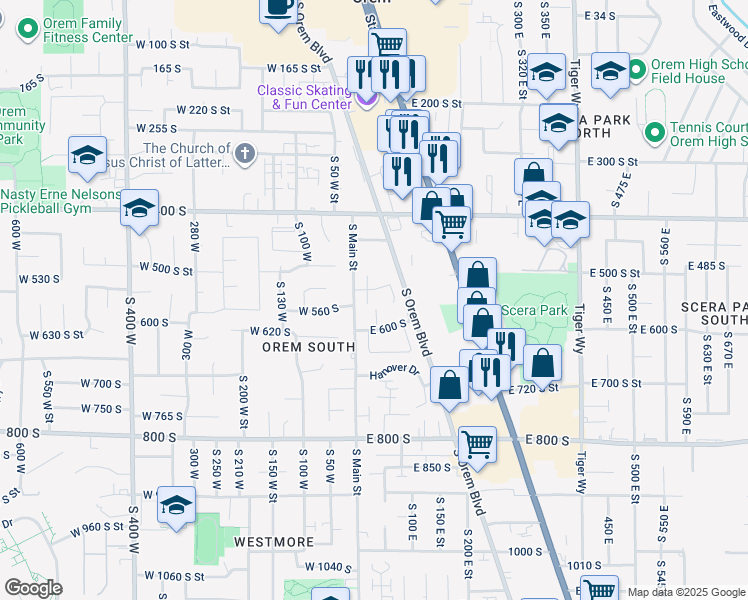 map of restaurants, bars, coffee shops, grocery stores, and more near 545 South 20 East Street in Orem