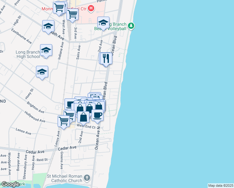 map of restaurants, bars, coffee shops, grocery stores, and more near 3 Vine Court in Long Branch