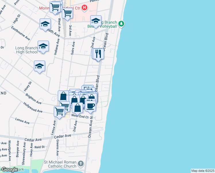 map of restaurants, bars, coffee shops, grocery stores, and more near 3 Vine Court in Long Branch