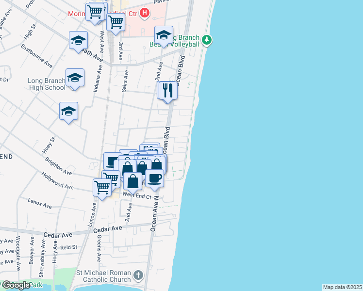 map of restaurants, bars, coffee shops, grocery stores, and more near 3 Vine Court in Long Branch