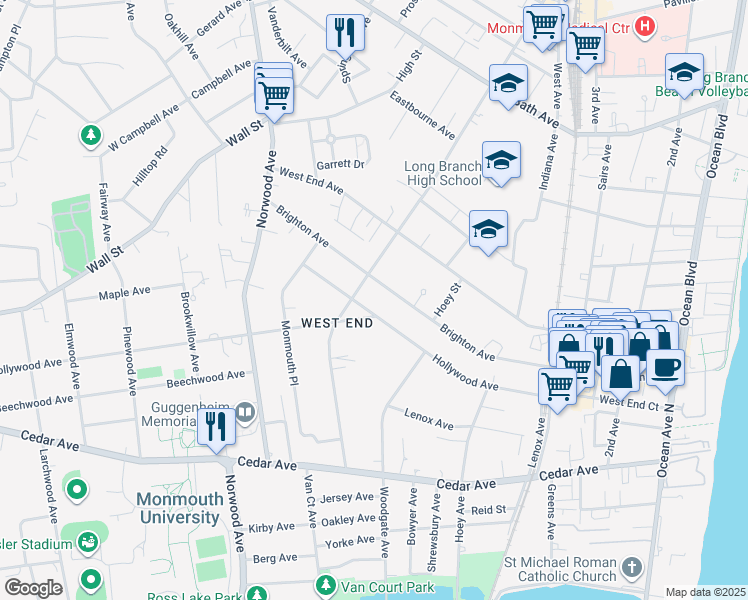 map of restaurants, bars, coffee shops, grocery stores, and more near 344 Brighton Avenue in Long Branch