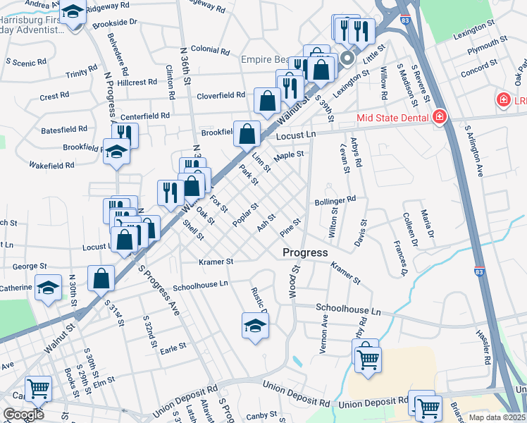 map of restaurants, bars, coffee shops, grocery stores, and more near 212 Fishburn Street in Harrisburg