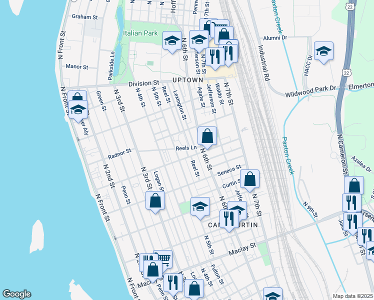 map of restaurants, bars, coffee shops, grocery stores, and more near 548 Lexington Street in Harrisburg