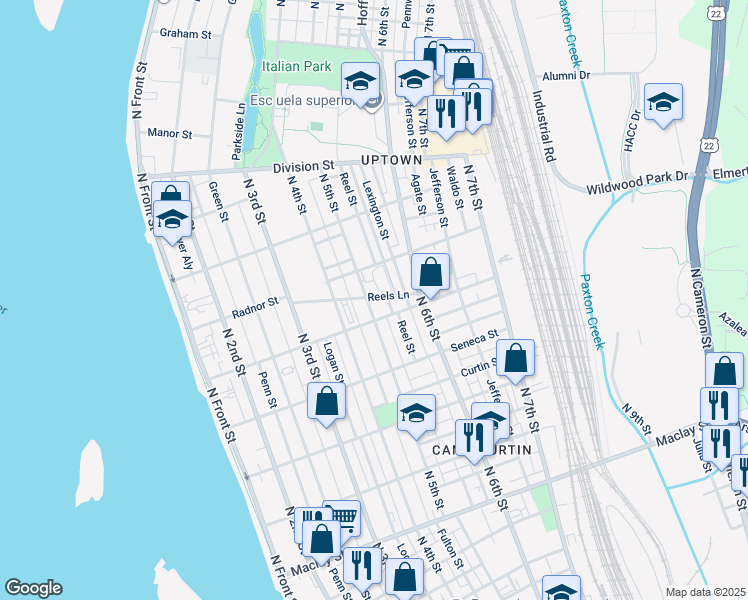 map of restaurants, bars, coffee shops, grocery stores, and more near 2515 North 5th Street in Harrisburg