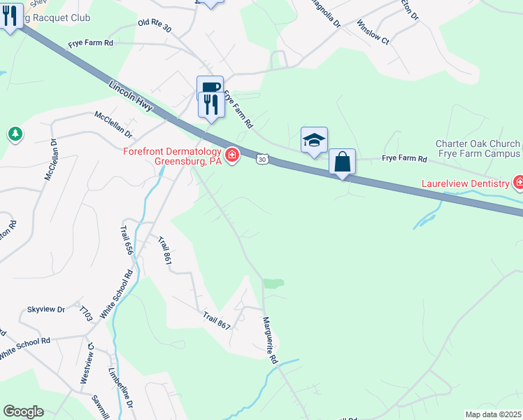 map of restaurants, bars, coffee shops, grocery stores, and more near 3001 Williamsburg Drive in Latrobe