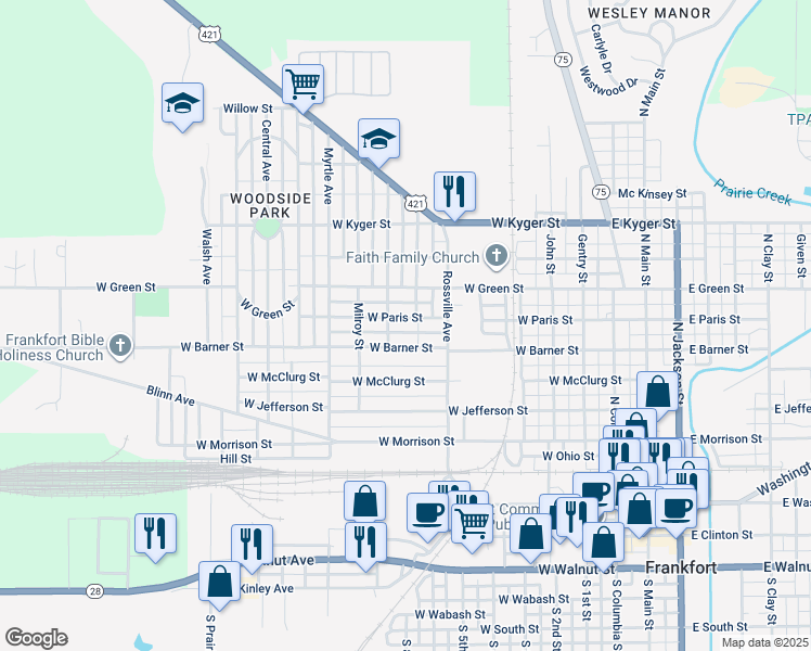 map of restaurants, bars, coffee shops, grocery stores, and more near 905 West Paris Street in Frankfort