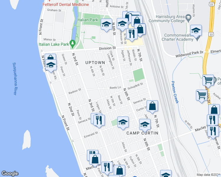 map of restaurants, bars, coffee shops, grocery stores, and more near 2515 North 5th Street in Harrisburg