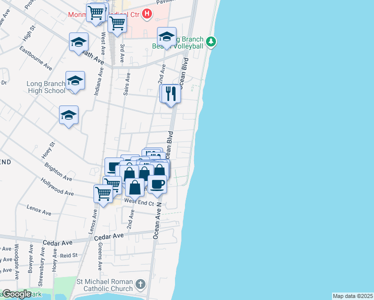 map of restaurants, bars, coffee shops, grocery stores, and more near 3 Vine Court in Long Branch