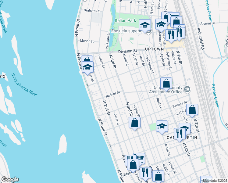 map of restaurants, bars, coffee shops, grocery stores, and more near 2601 Green Street in Harrisburg