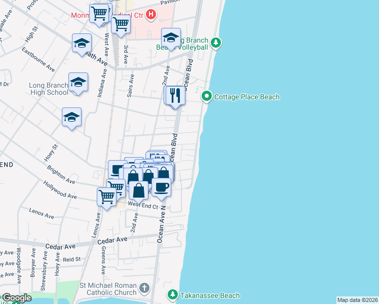 map of restaurants, bars, coffee shops, grocery stores, and more near 3 Vine Court in Long Branch