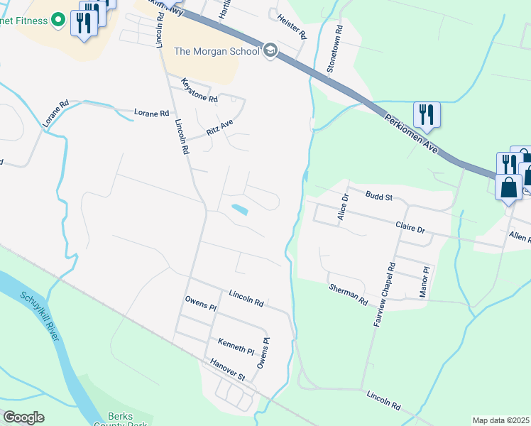 map of restaurants, bars, coffee shops, grocery stores, and more near 6126 Pond View Drive in Birdsboro
