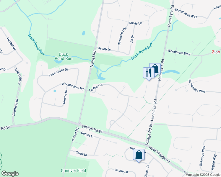 map of restaurants, bars, coffee shops, grocery stores, and more near 10 Le Parc Drive in West Windsor Township