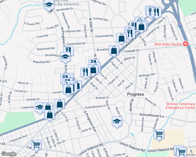 map of restaurants, bars, coffee shops, grocery stores, and more near 50 Oak Street in Harrisburg