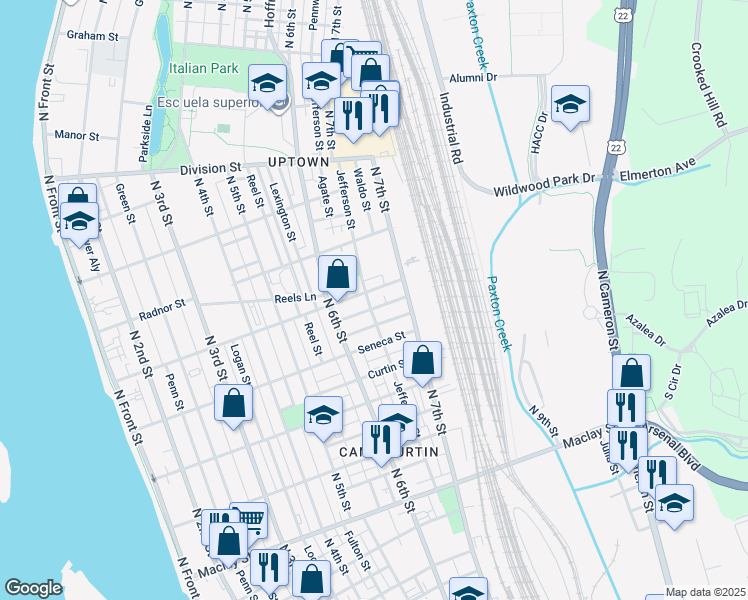map of restaurants, bars, coffee shops, grocery stores, and more near 655 Schuylkill Street in Harrisburg