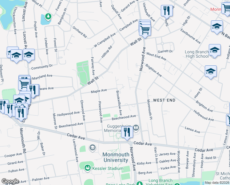 map of restaurants, bars, coffee shops, grocery stores, and more near 45 Brookwillow Avenue in West Long Branch