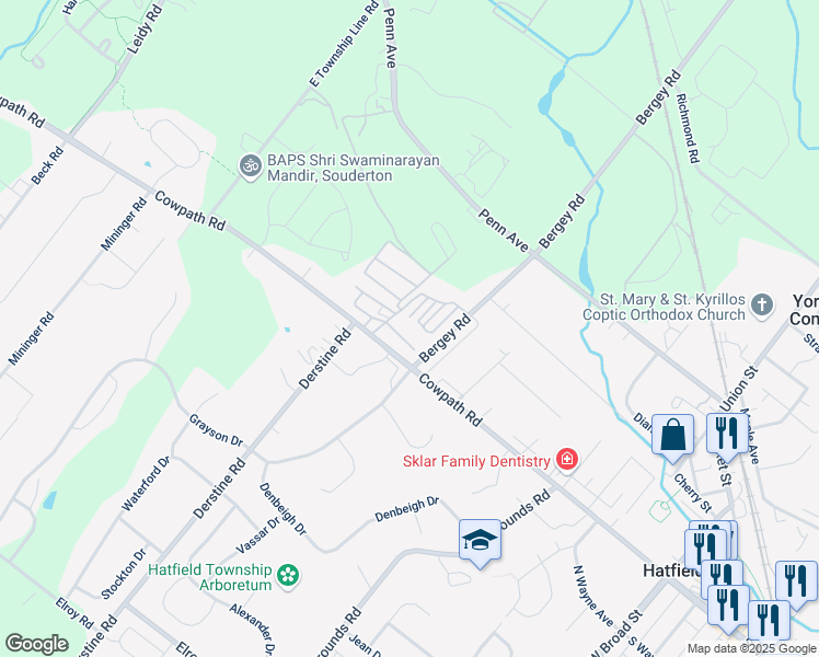 map of restaurants, bars, coffee shops, grocery stores, and more near 5 Harpel Avenue in Hatfield
