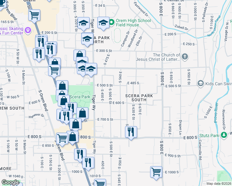 map of restaurants, bars, coffee shops, grocery stores, and more near 533 East 550 South in Orem