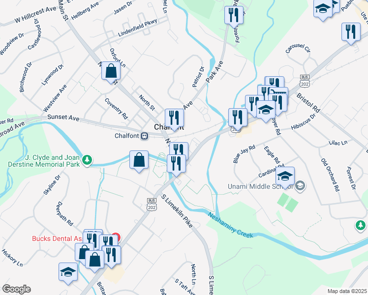 map of restaurants, bars, coffee shops, grocery stores, and more near 10 Kerns Avenue in Chalfont