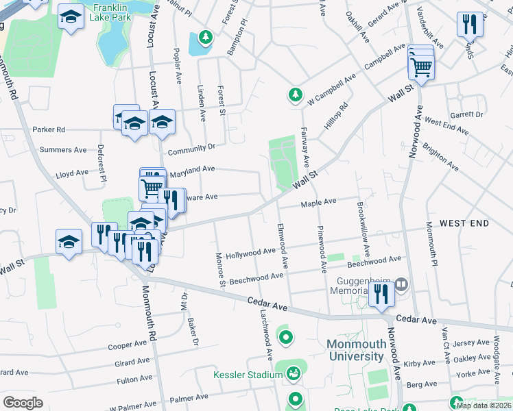 map of restaurants, bars, coffee shops, grocery stores, and more near 135 Wall St in West Long Branch