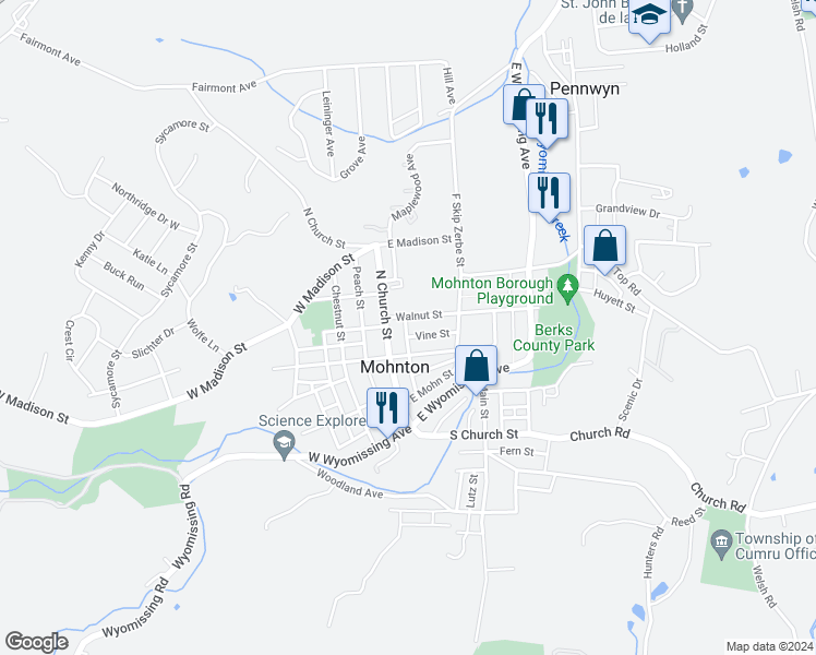map of restaurants, bars, coffee shops, grocery stores, and more near 154 Walnut Street in Mohnton