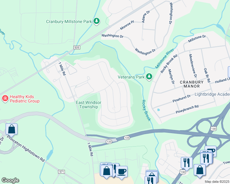 map of restaurants, bars, coffee shops, grocery stores, and more near 15 Copernicus Court in East Windsor